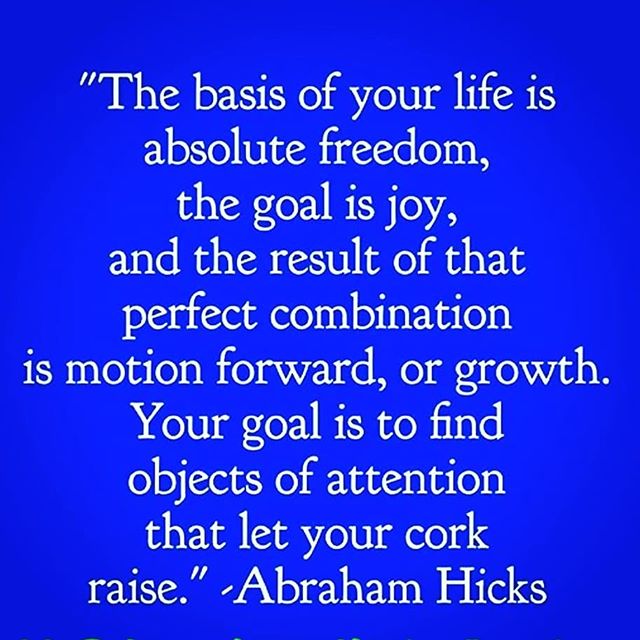 Image may contain: possible text that says '"The basis of your life is absolute freedom, the goal is joy, and the result of that perfect combination is motion forward, or growth. Your goal is to find objects of attention that let your cork raise." Abraham Hicks'
